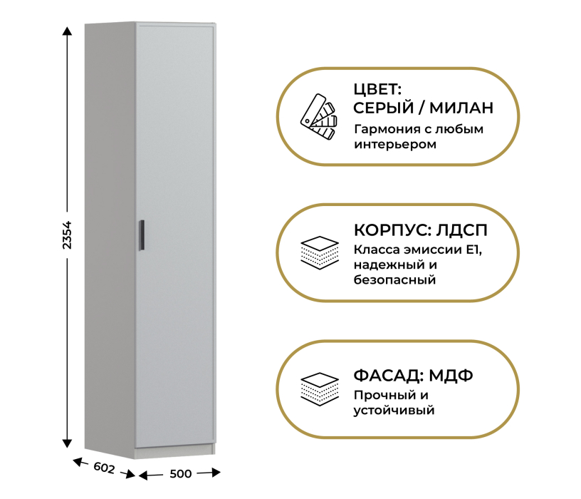 Для одежды, Шкаф однодверный Макс 500 мм, вариант №1 (ЛДСП/МДФ)